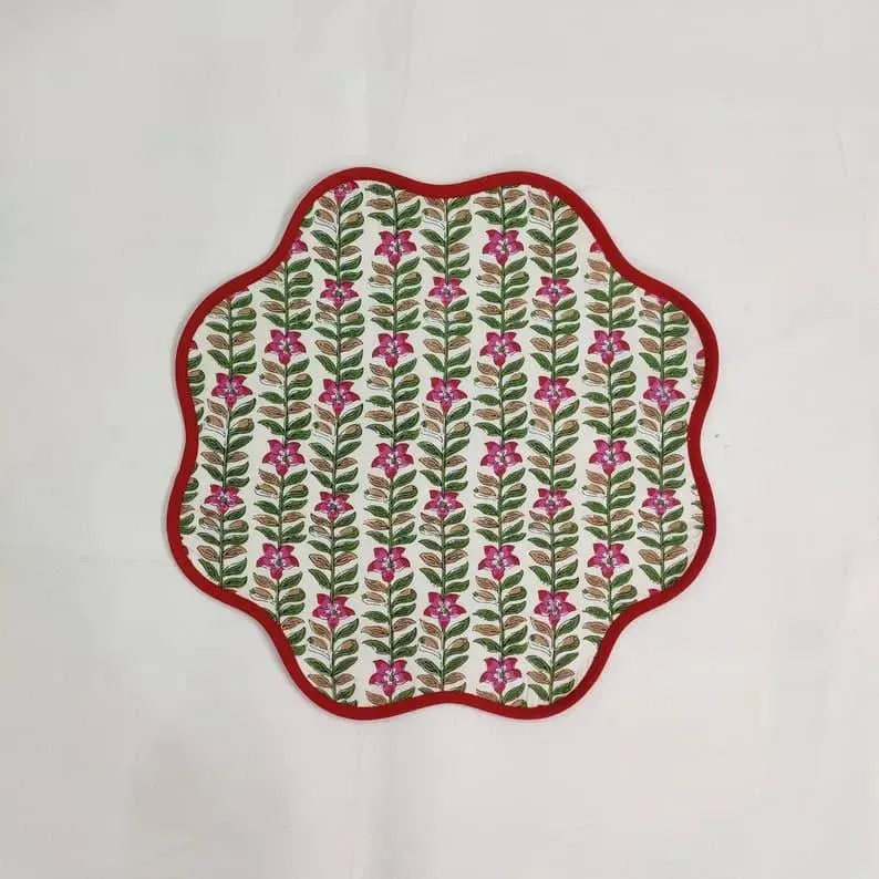 Scalloped Green and Red Floral Cotton Placemats