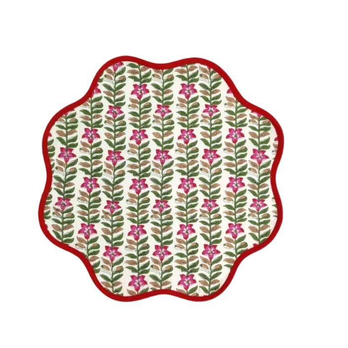 Scalloped Green and Red Floral Cotton Placemats