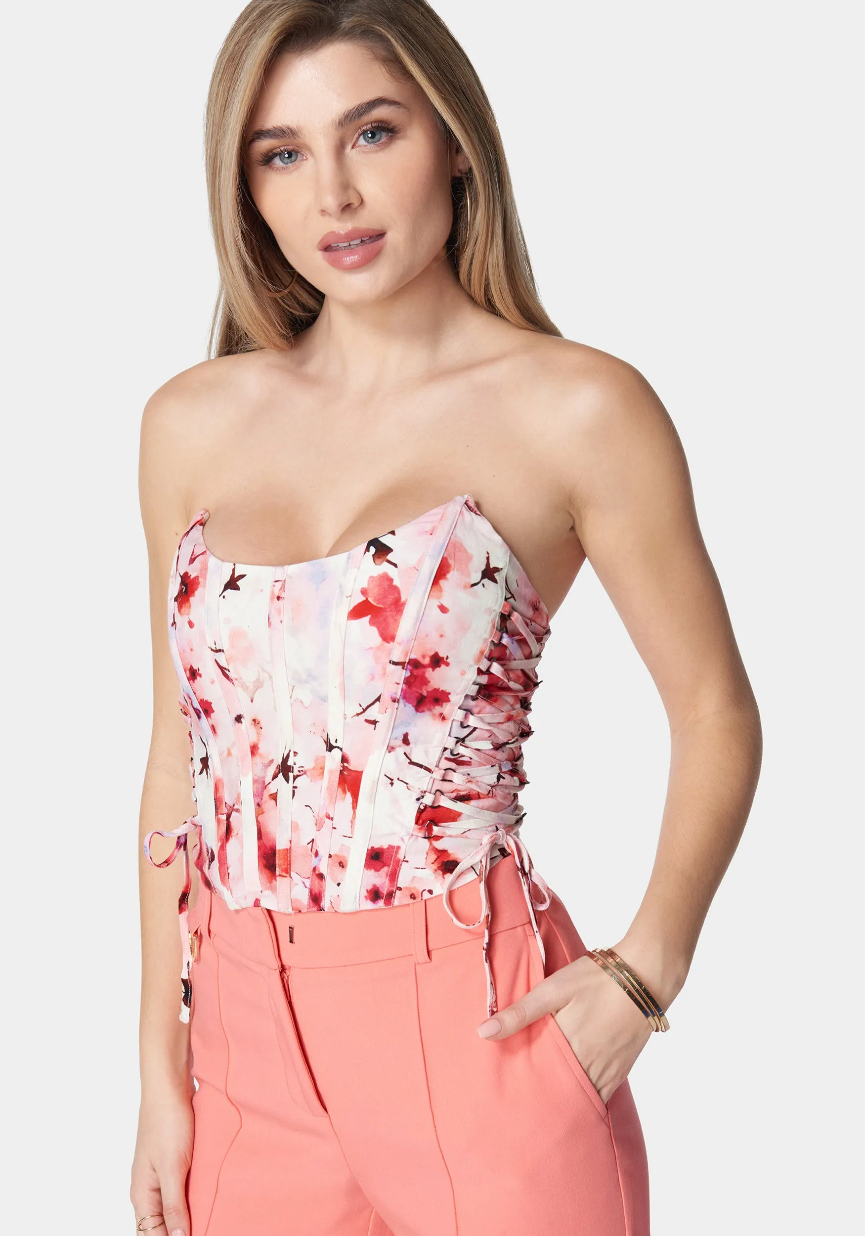 Scoop Neck Lace Up Printed Corset Top