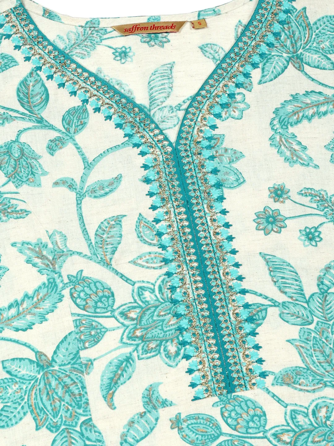 Sea Green Floral Print Kurta with Neck Embroidery