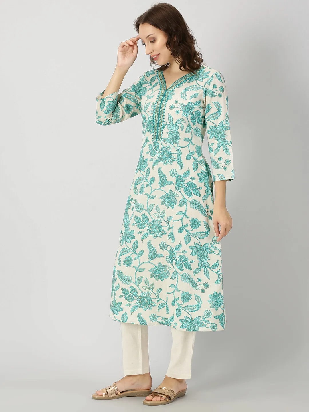 Sea Green Floral Print Kurta with Neck Embroidery