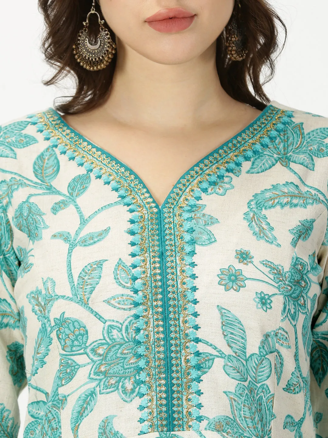 Sea Green Floral Print Kurta with Neck Embroidery