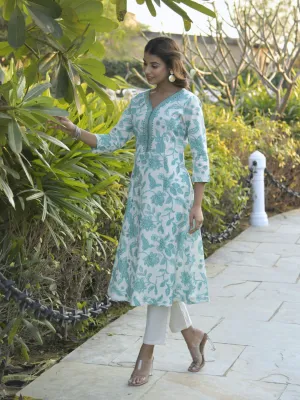 Sea Green Floral Print Kurta with Neck Embroidery