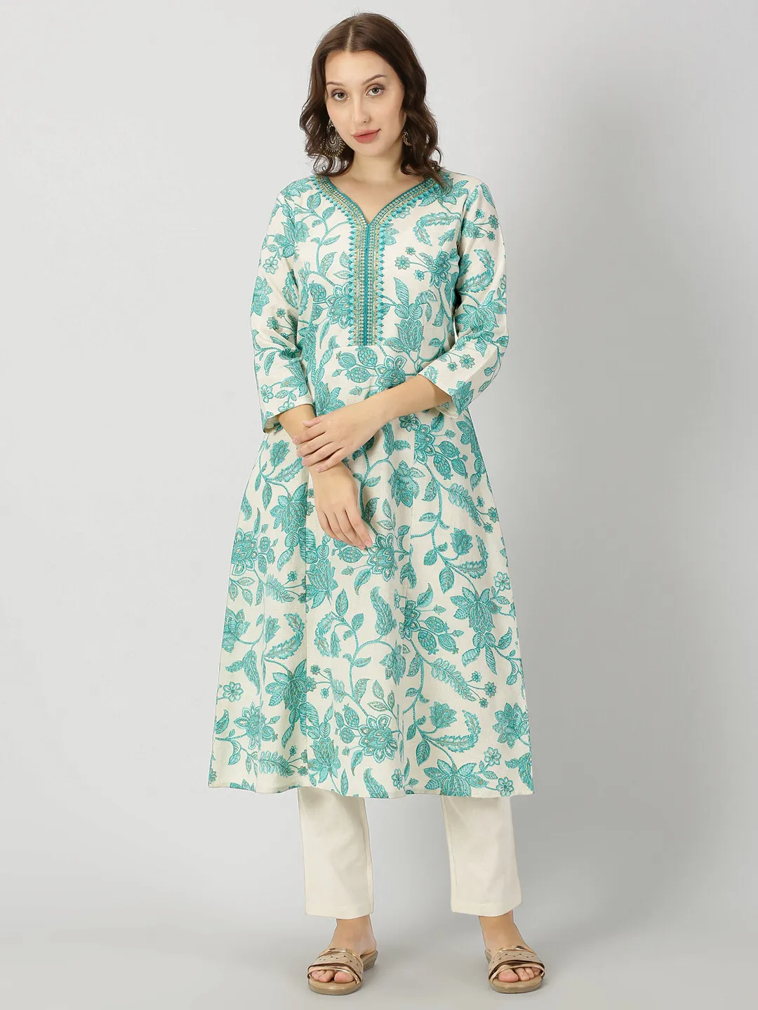Sea Green Floral Print Kurta with Neck Embroidery
