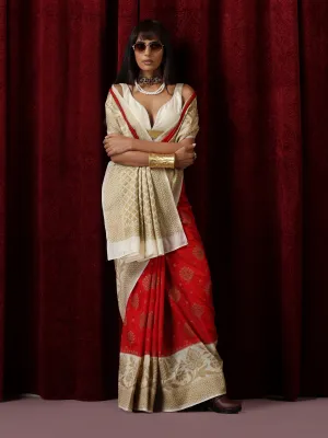 Sindoor Khela Red and Cream Cotton Silk Saree with Blouse Fabric