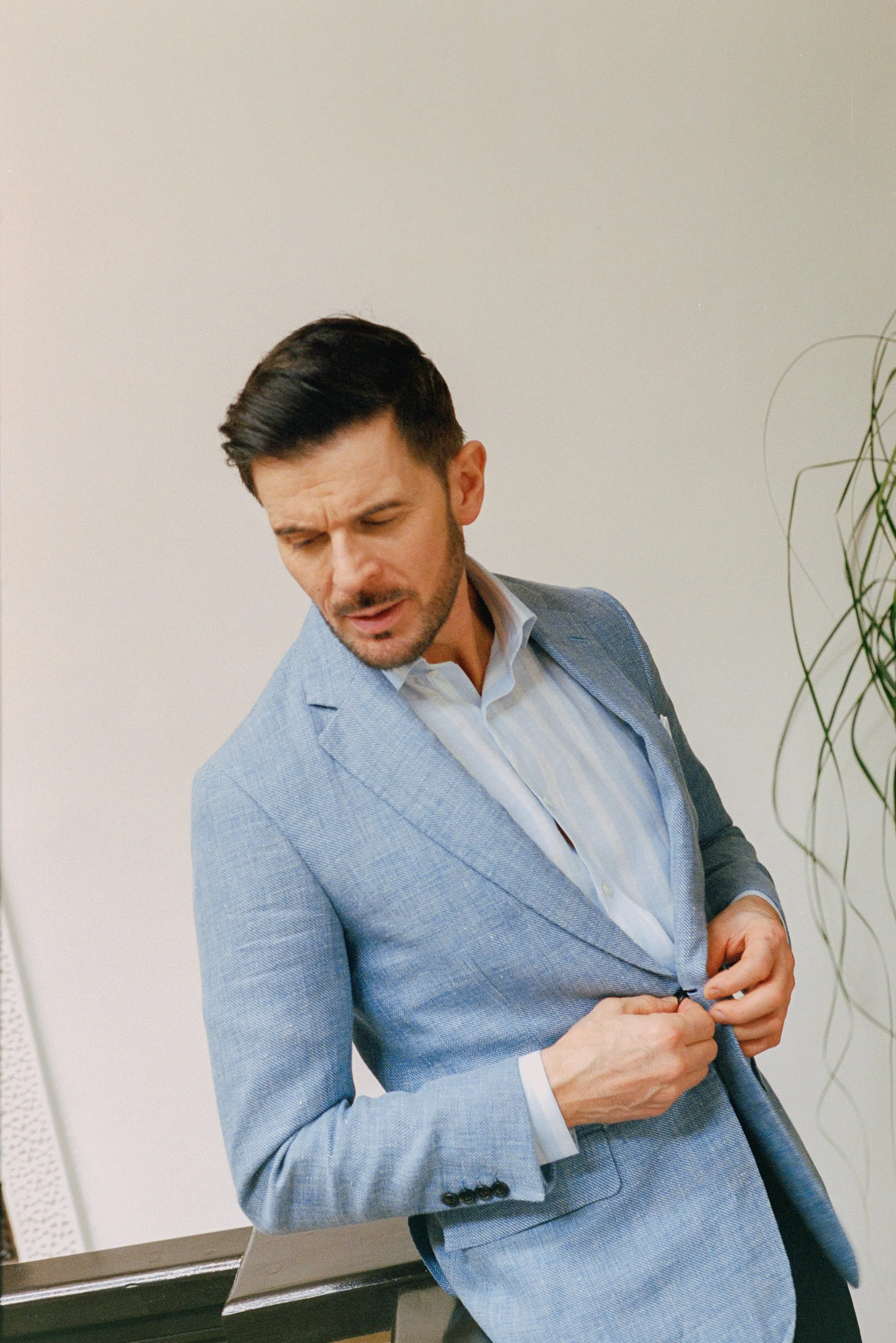 Single Breasted Notch Lapel Jacket in Sky Blue Hopsack
