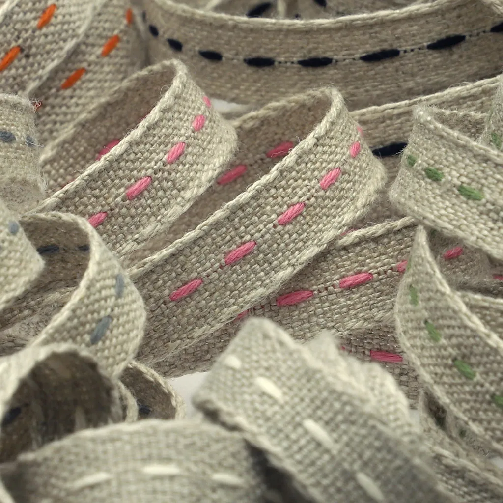 Single Stitched Linen Ribbon #3 Ecru & Red