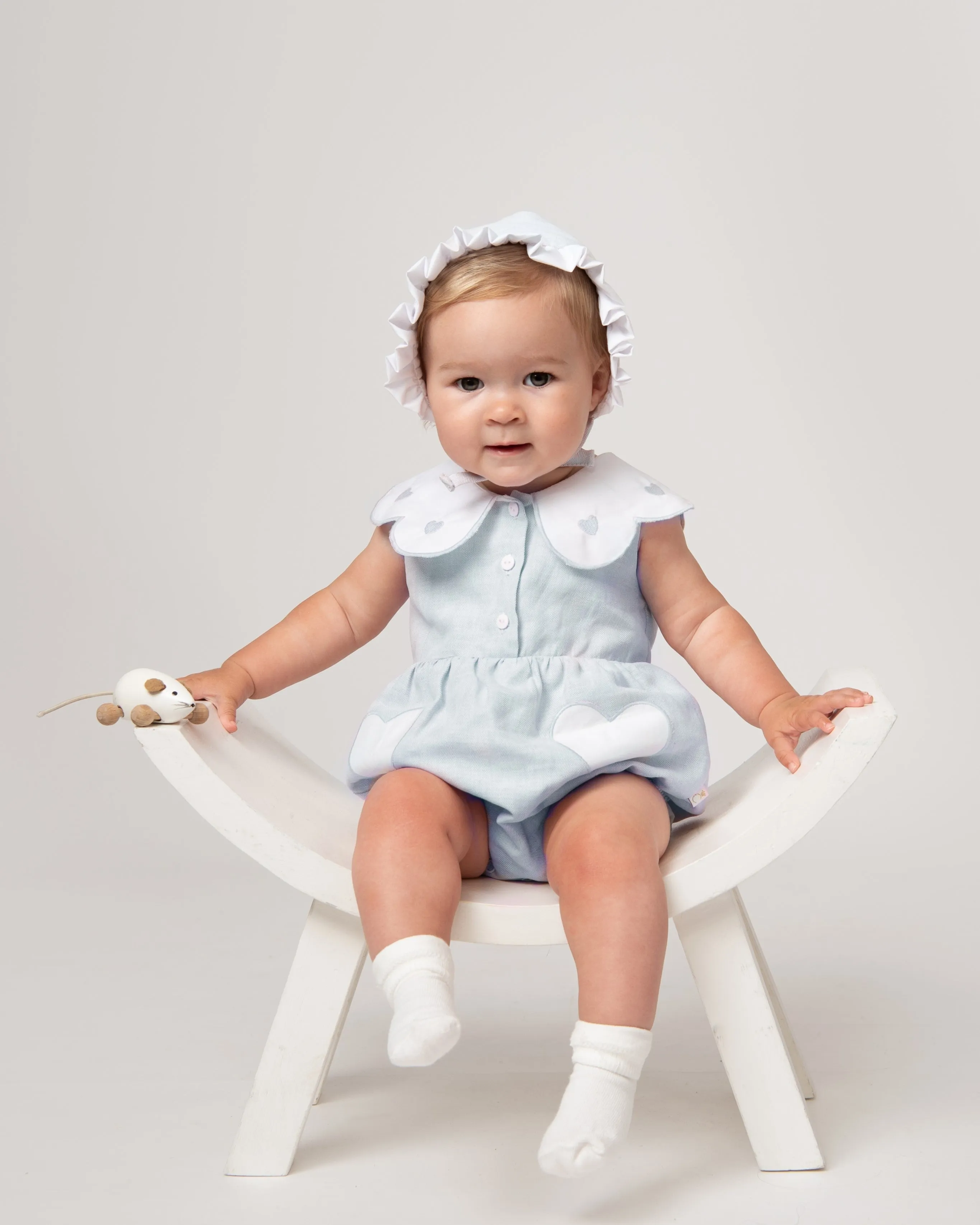 Sky Blue Linen Frill Heart Romper With Bonnet