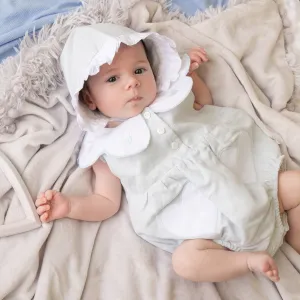 Sky Blue Linen Frill Heart Romper With Bonnet