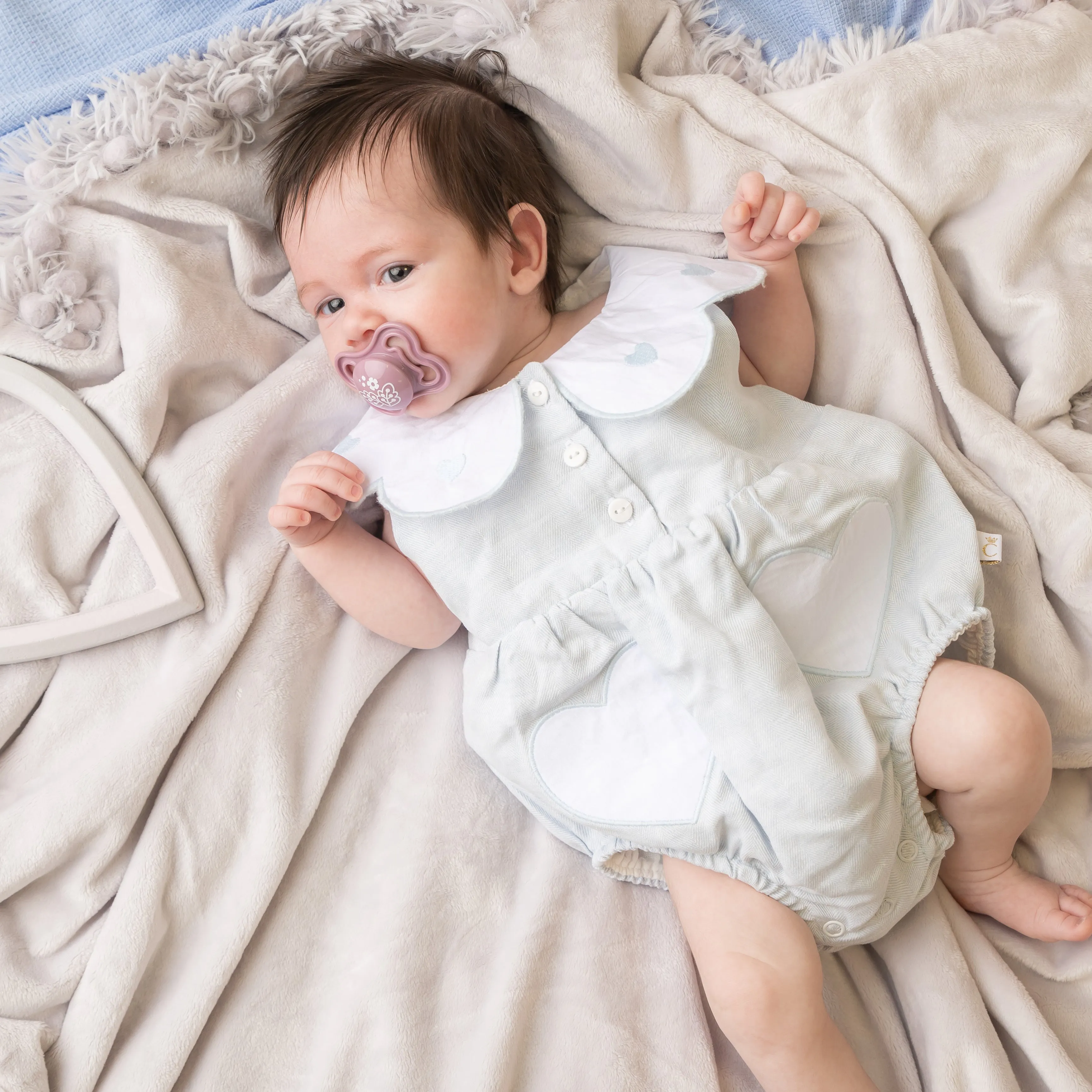 Sky Blue Linen Frill Heart Romper With Bonnet