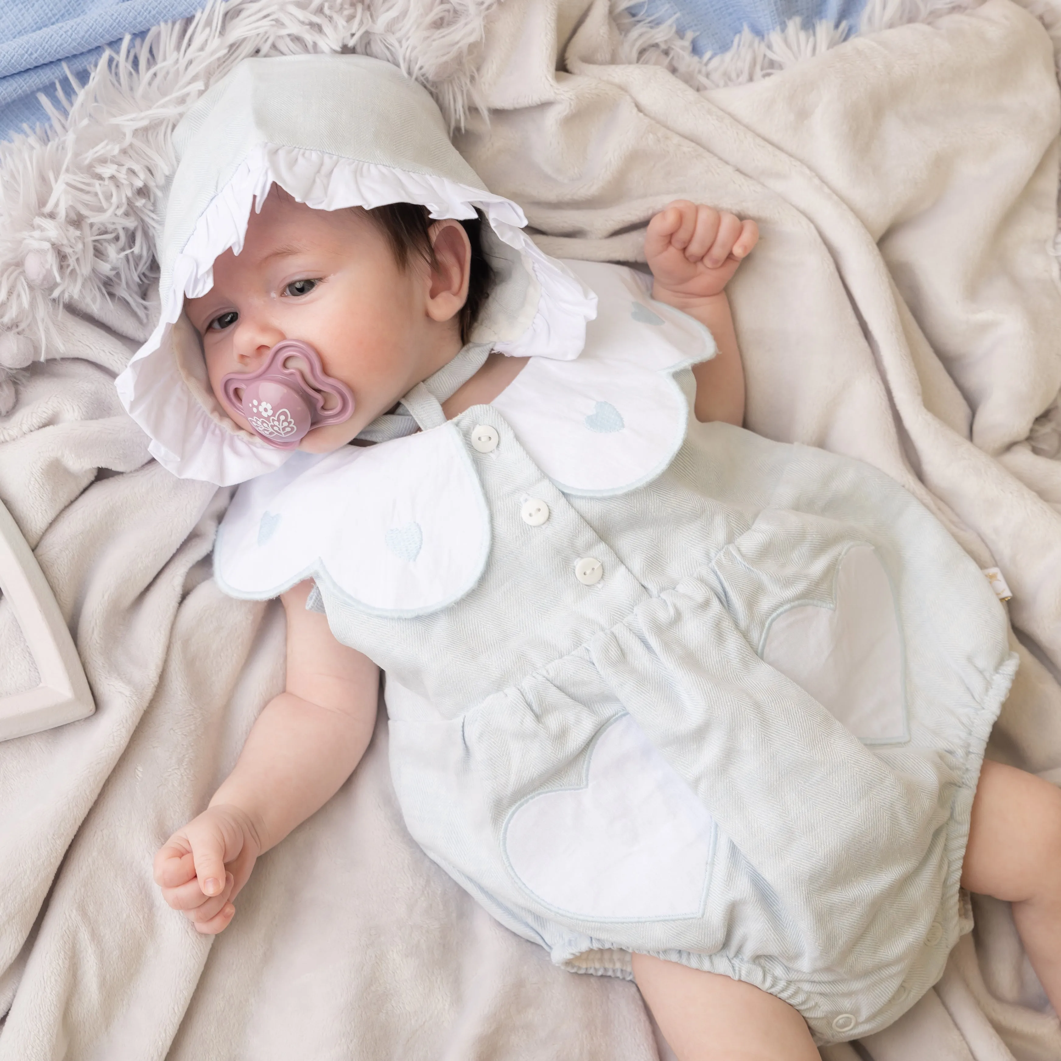 Sky Blue Linen Frill Heart Romper With Bonnet
