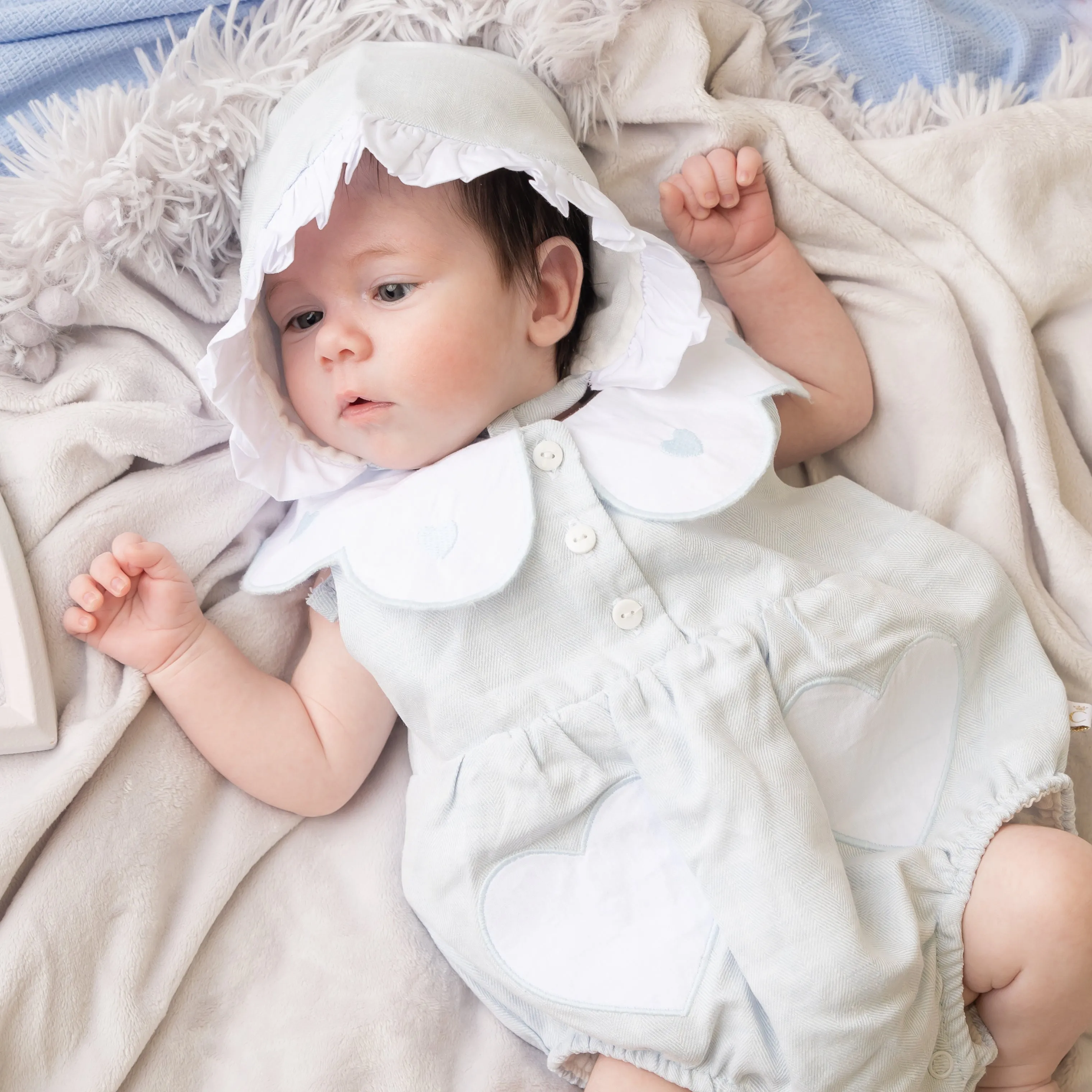 Sky Blue Linen Frill Heart Romper With Bonnet
