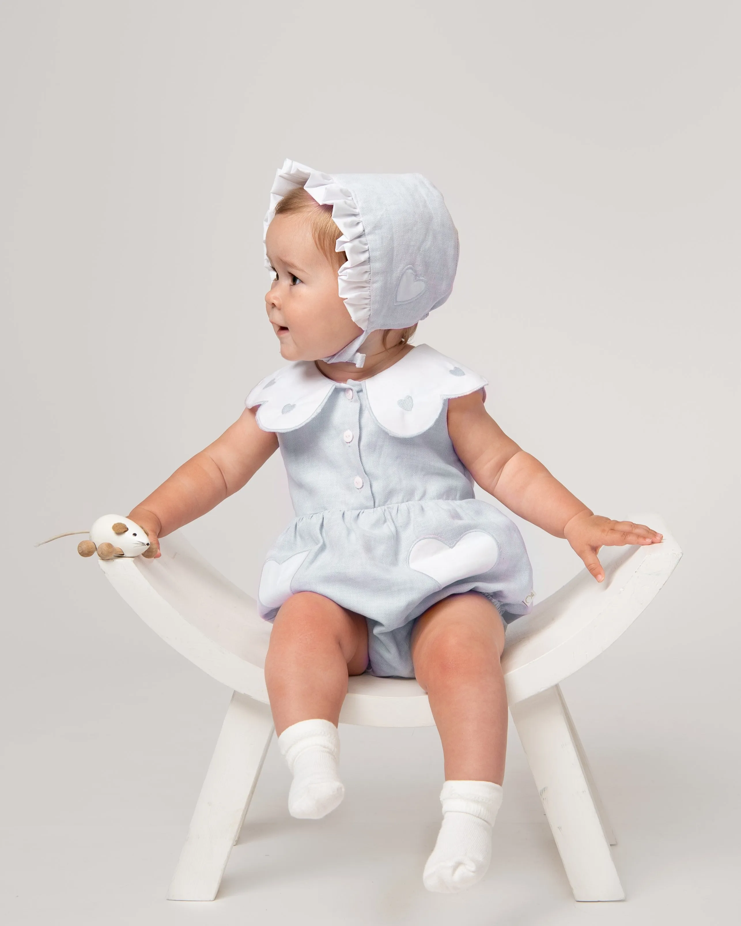 Sky Blue Linen Frill Heart Romper With Bonnet
