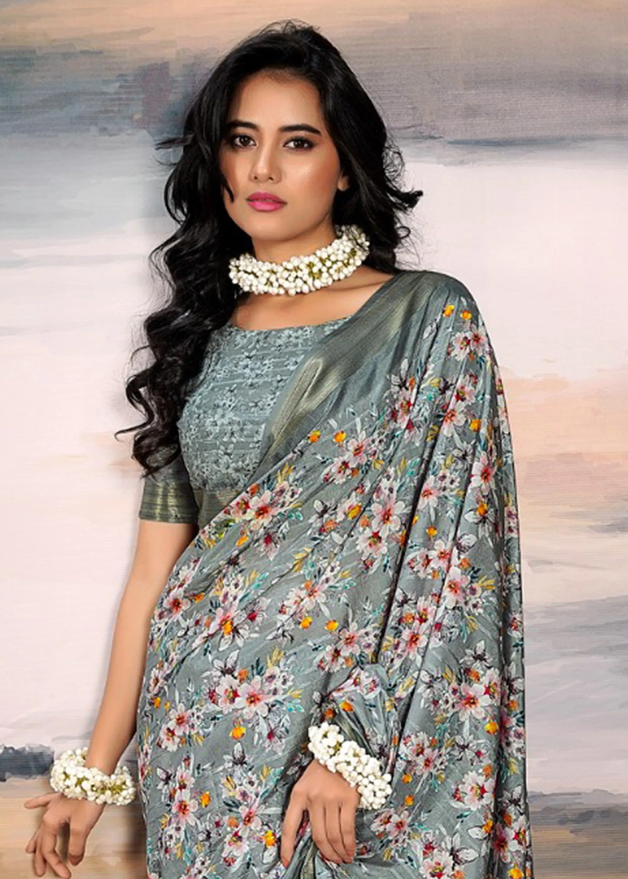 Slate Grey Light weight Cotton Silk Saree With Digital Print