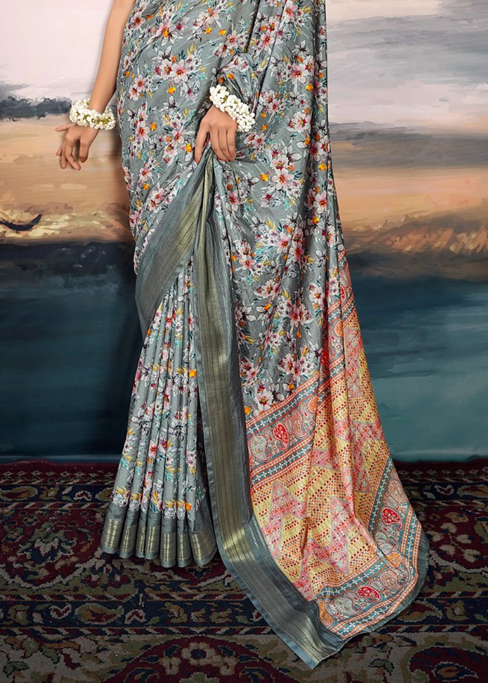 Slate Grey Light weight Cotton Silk Saree With Digital Print