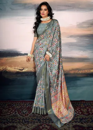 Slate Grey Light weight Cotton Silk Saree With Digital Print