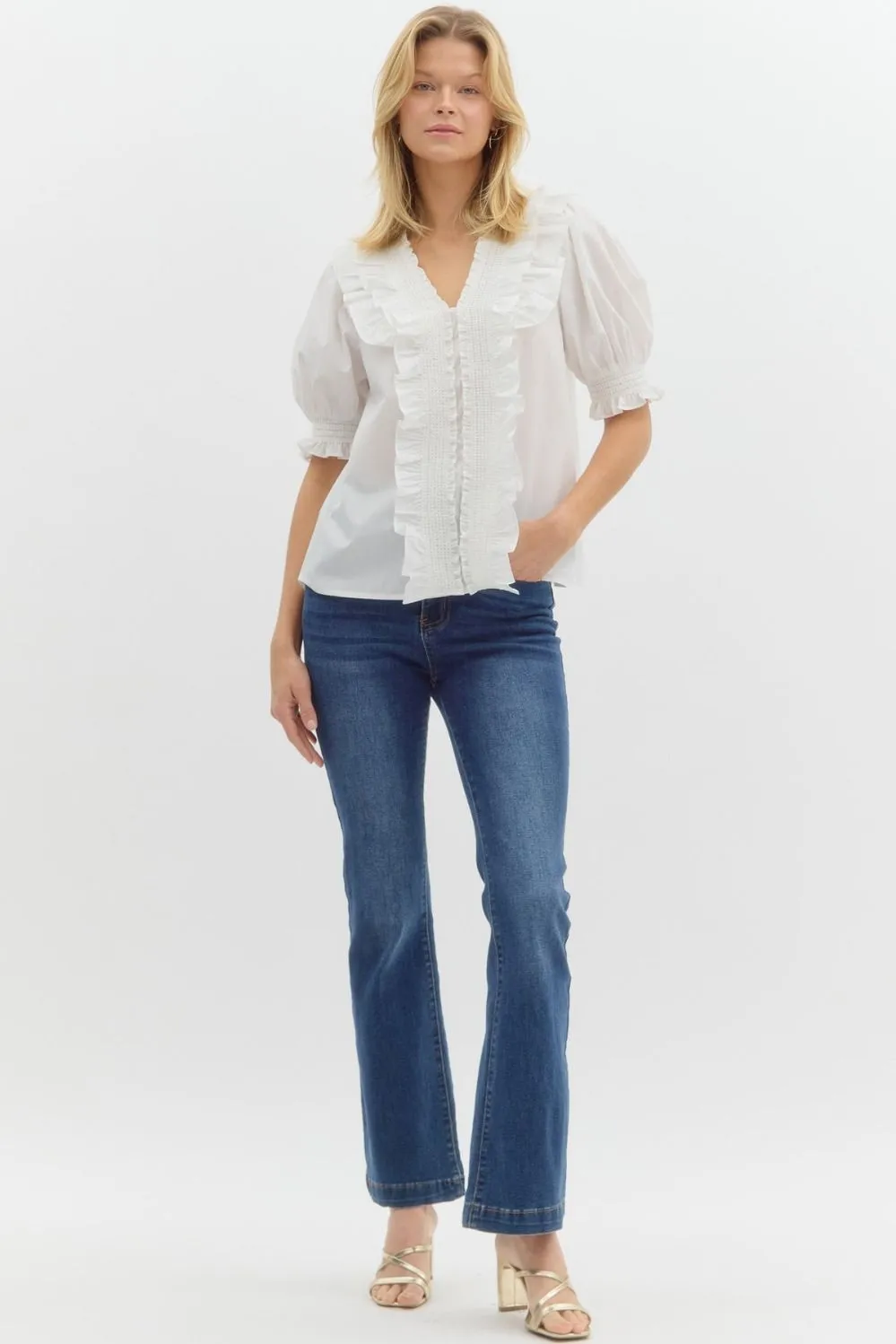 Smocked Embroidery V-Neck Top {Off White}