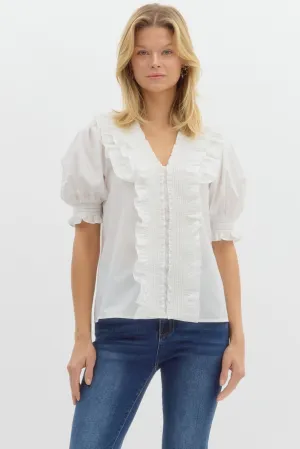 Smocked Embroidery V-Neck Top {Off White}