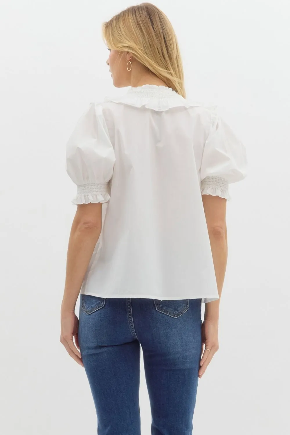 Smocked Embroidery V-Neck Top {Off White}