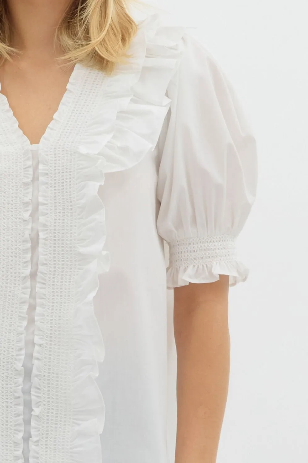 Smocked Embroidery V-Neck Top {Off White}