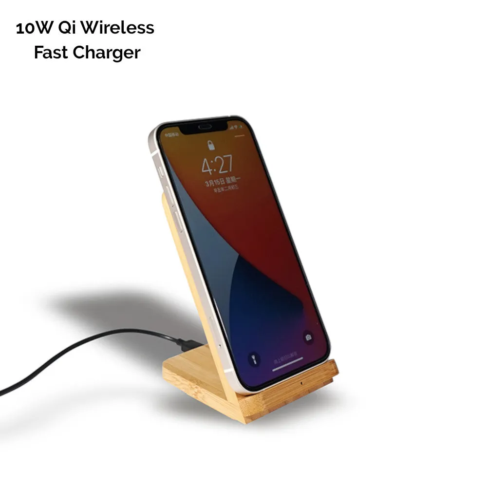 Solid Bamboo Desktop Phone Stand with Built-In Qi-Wireless 10W Charger