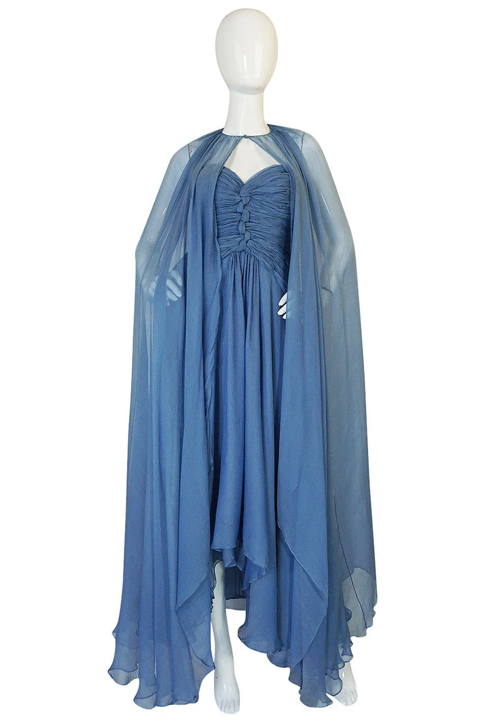 Spring 1990 Oscar de la Renta Ice Blue Silk Chiffon Dress & Cape
