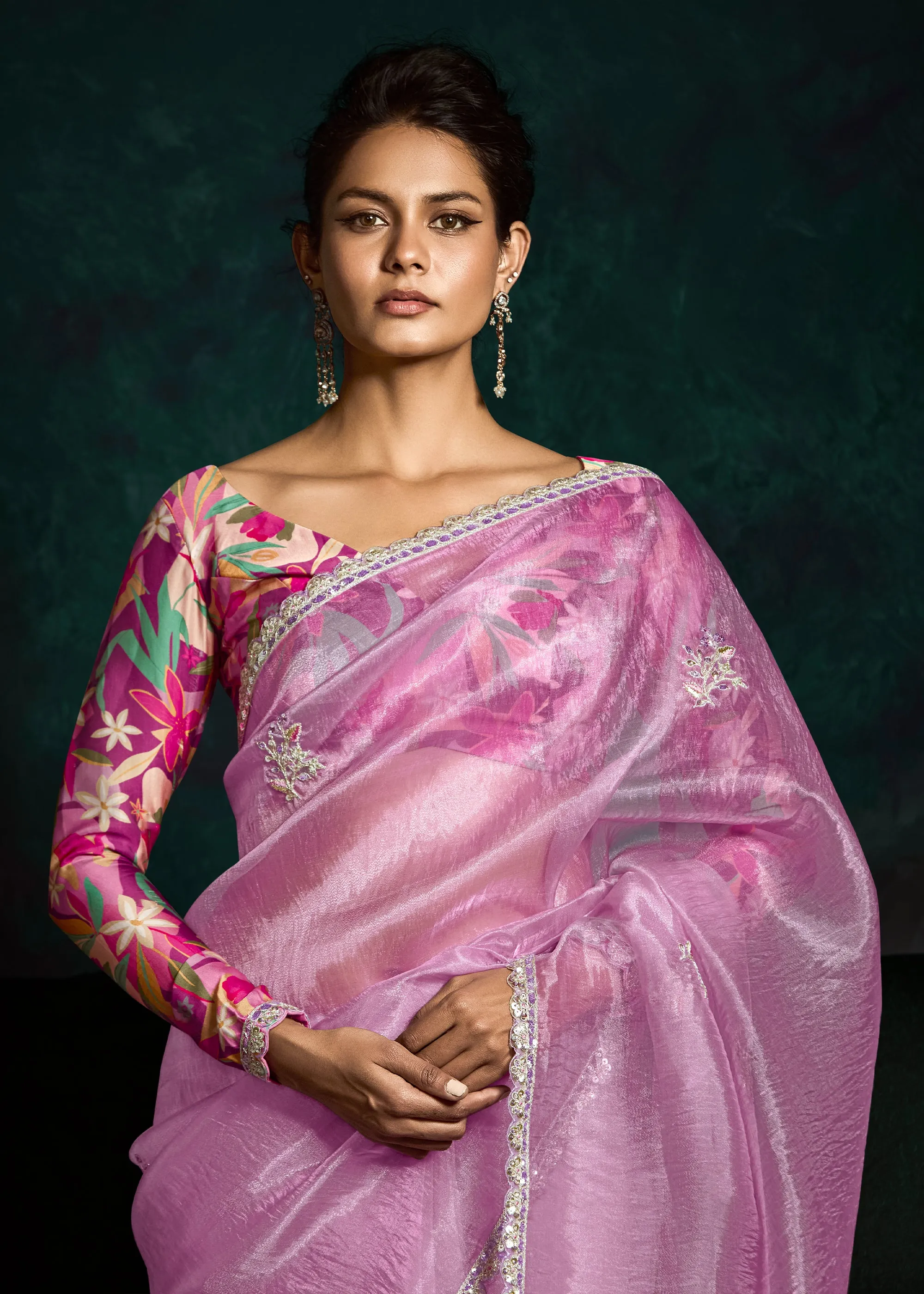 Spring Purple Designer Tissue Silk Saree With Printed Blouse