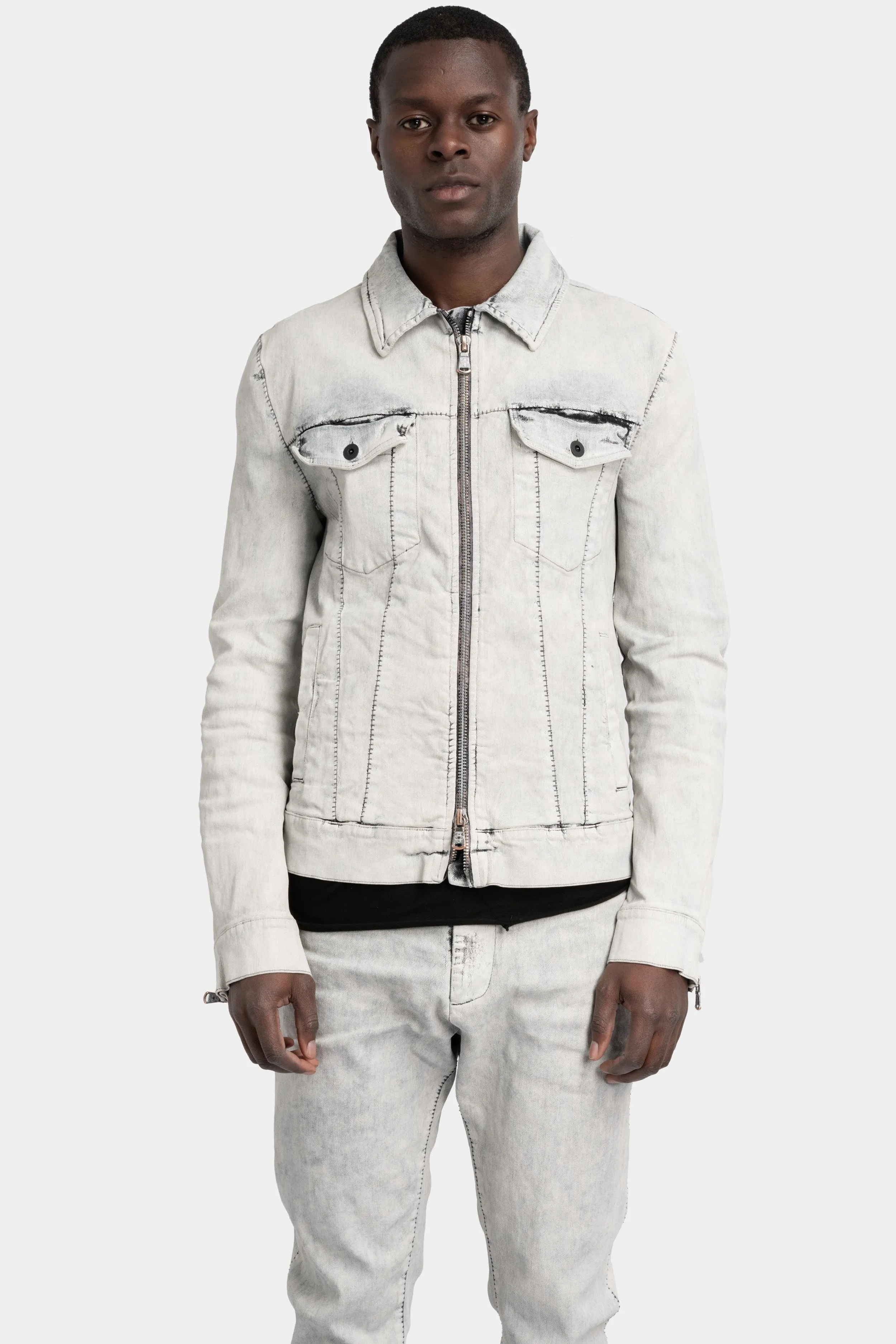 Stretch denim jacket, White leather effect