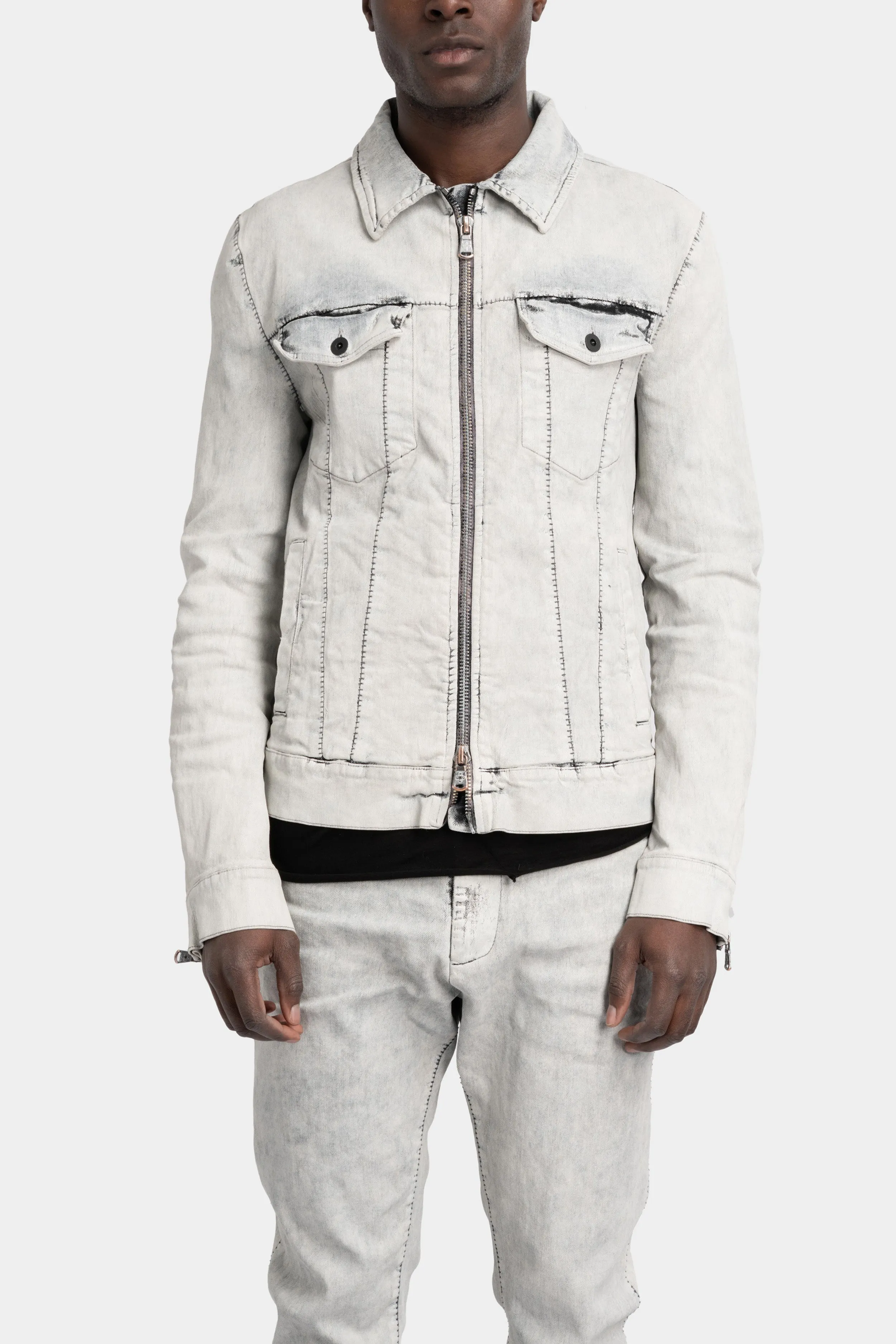 Stretch denim jacket, White leather effect