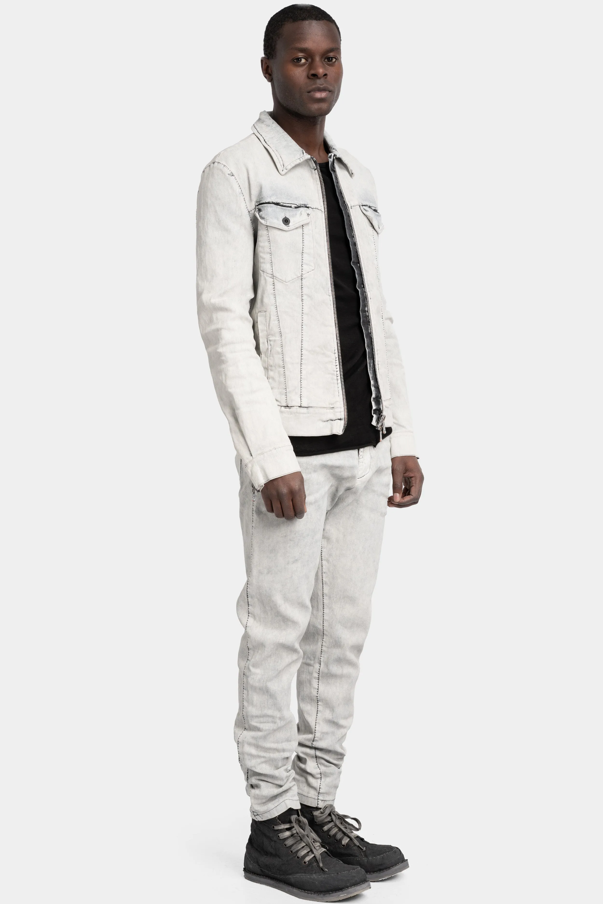 Stretch denim jacket, White leather effect