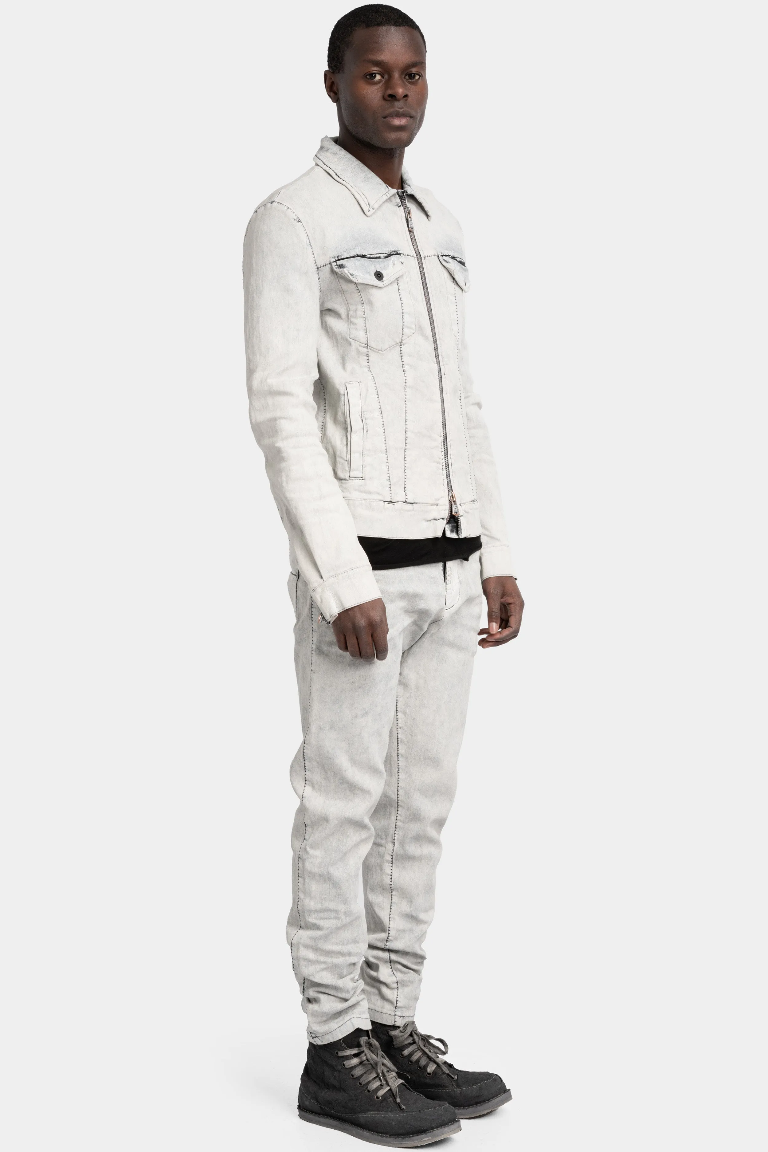 Stretch denim jacket, White leather effect