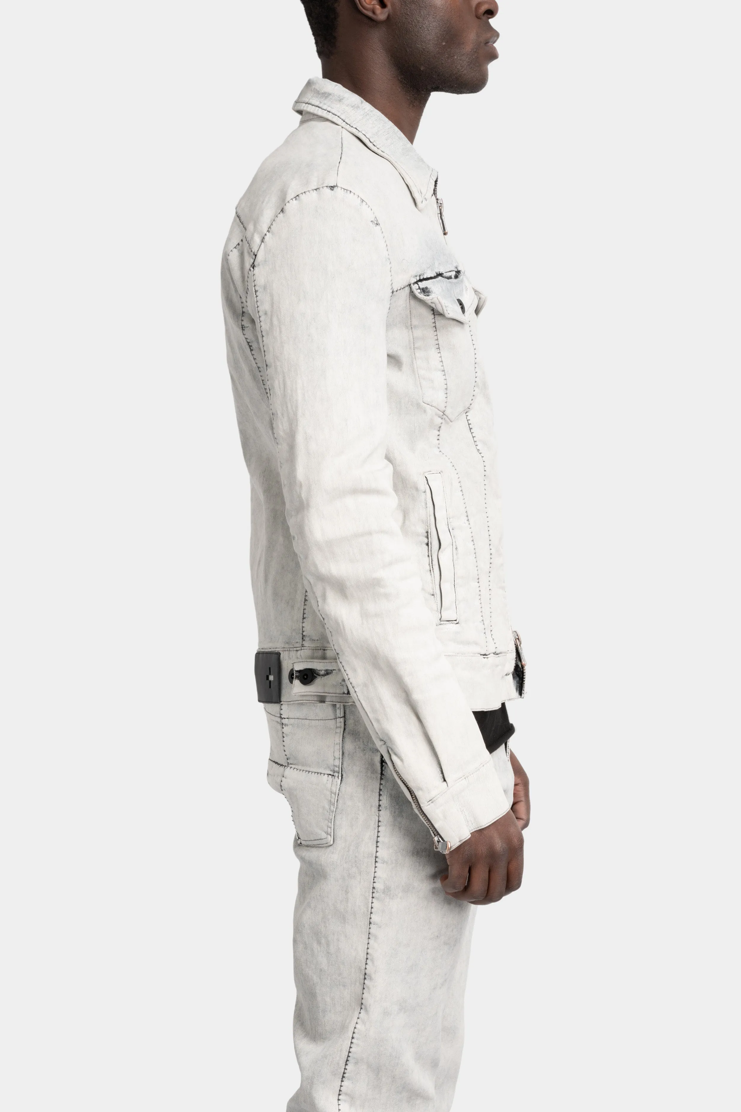 Stretch denim jacket, White leather effect