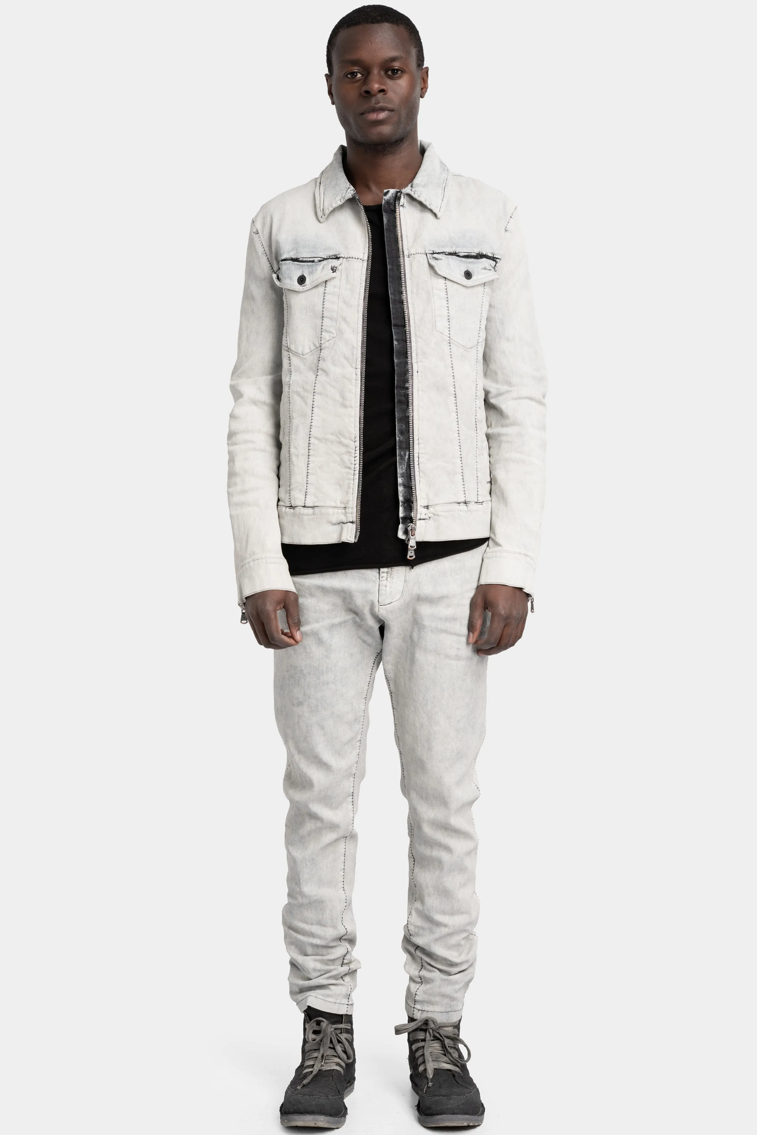 Stretch denim jacket, White leather effect