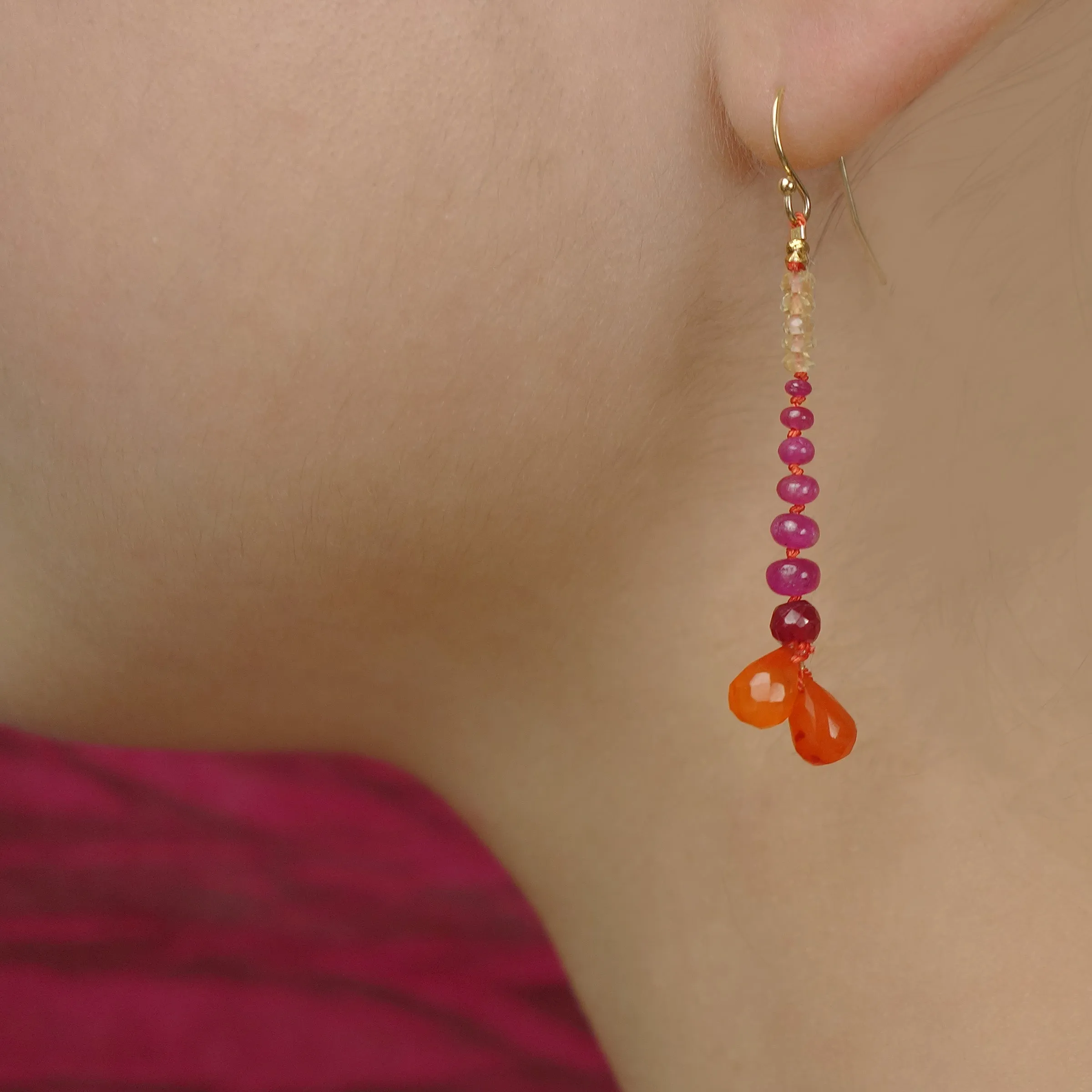 Sunset on the Beach: carnelian, ruby, and yellow sapphire earring