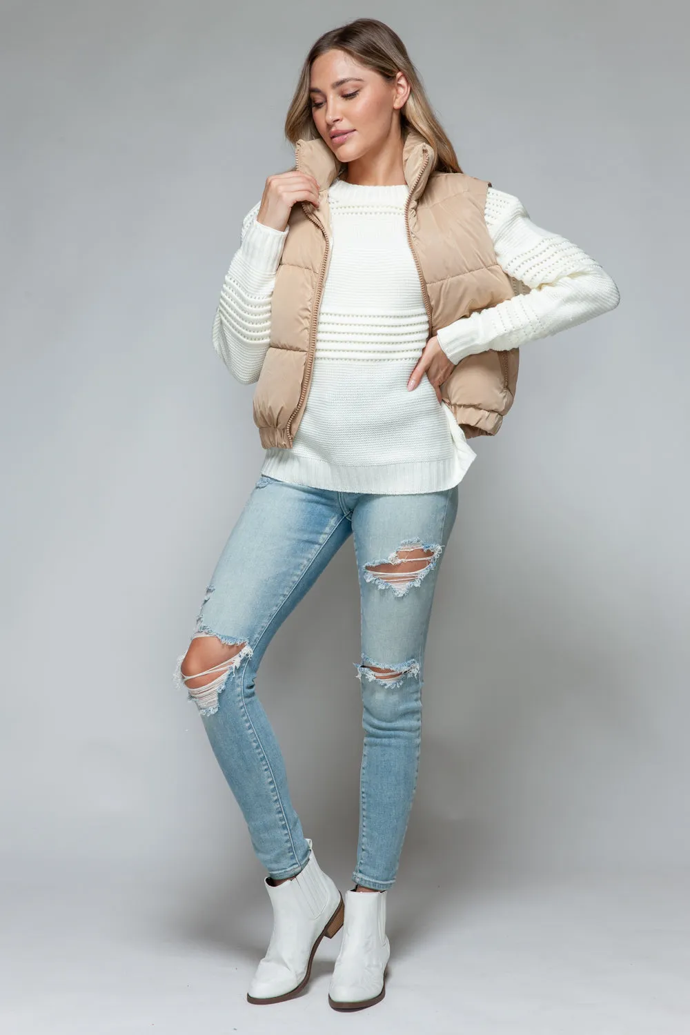 Tan Fine Faux Fur Lining Quilted Vest