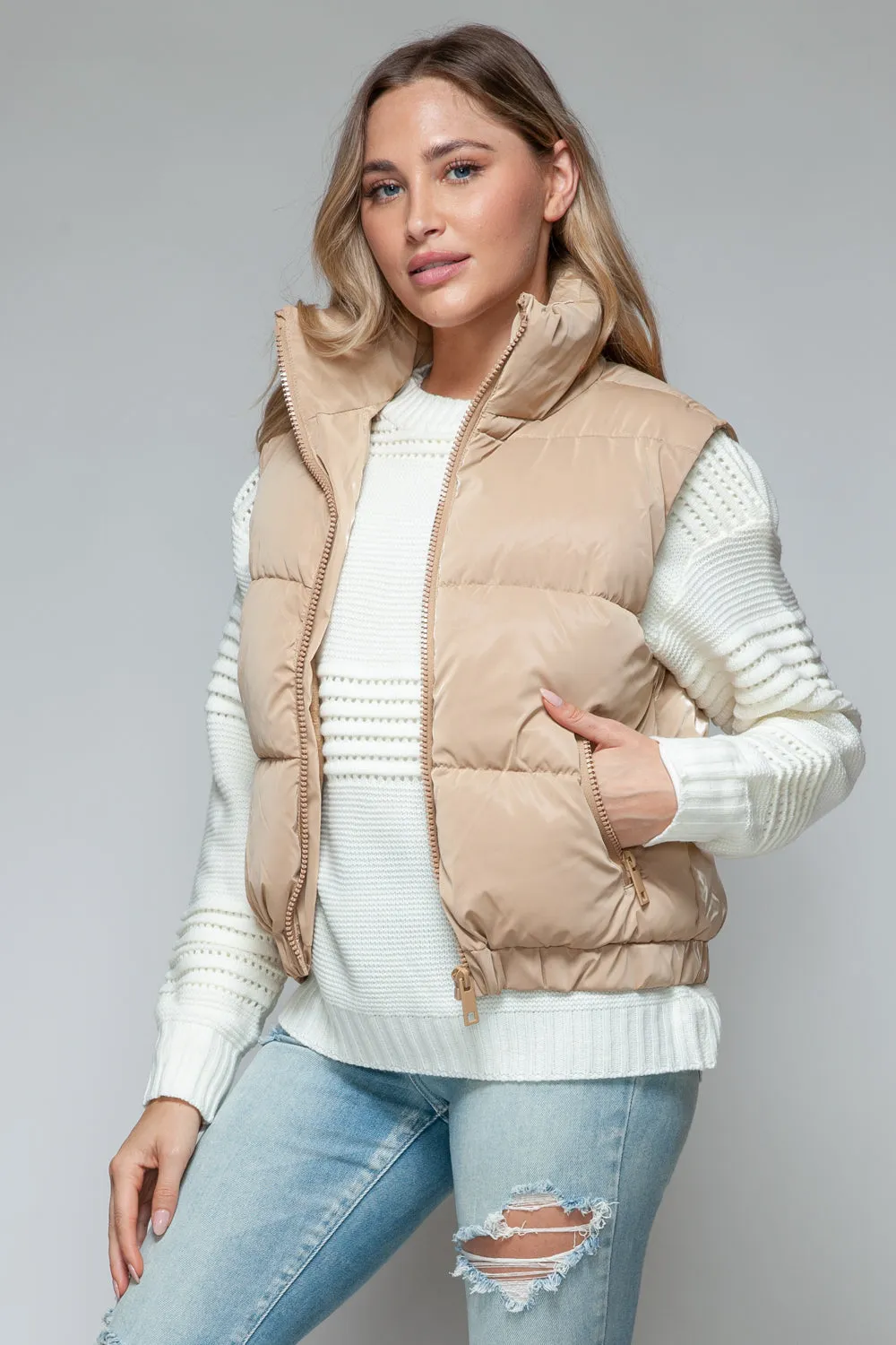 Tan Fine Faux Fur Lining Quilted Vest