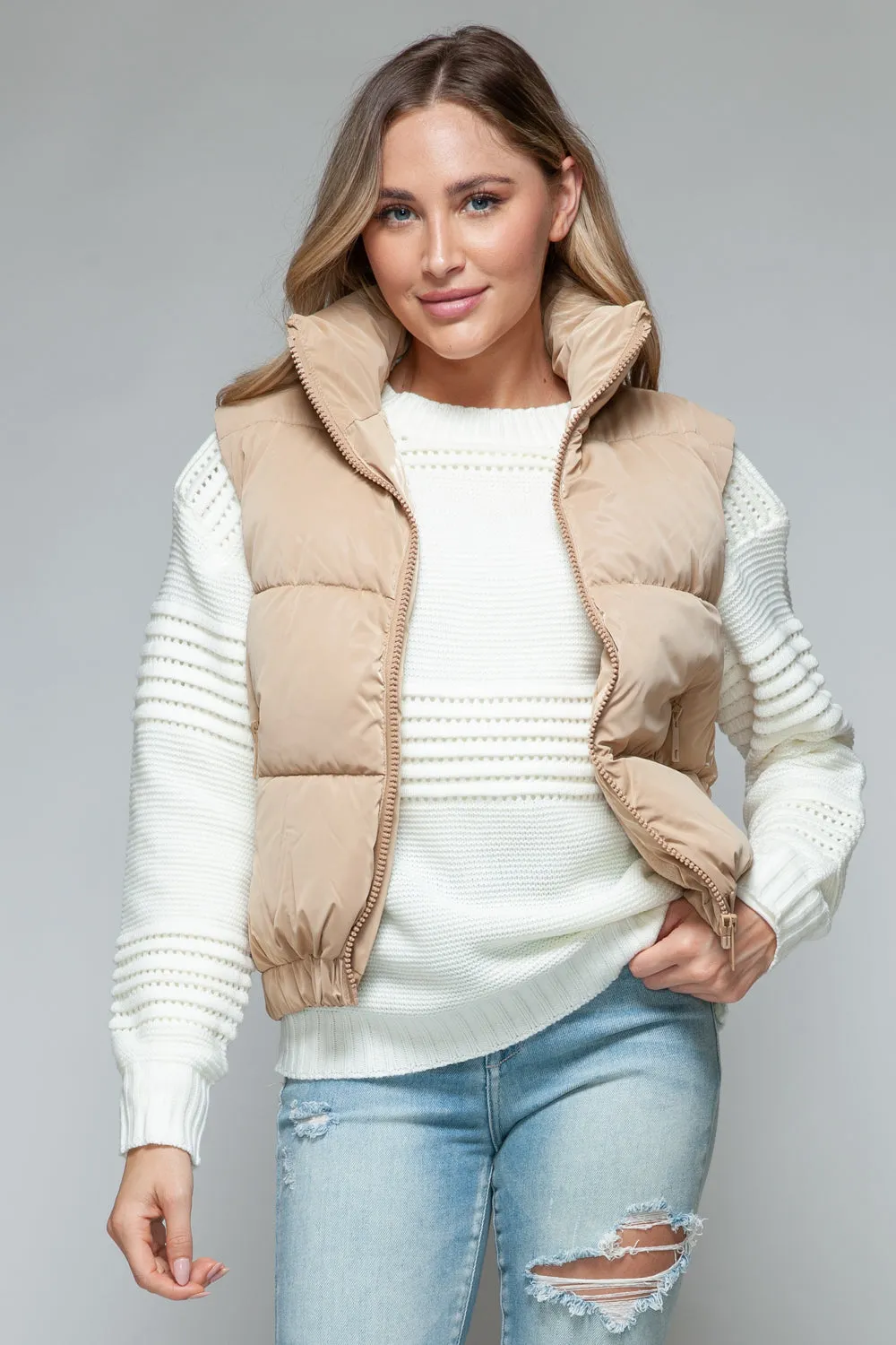Tan Fine Faux Fur Lining Quilted Vest