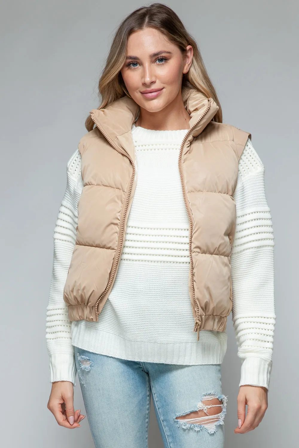 Tan Fine Faux Fur Lining Quilted Vest