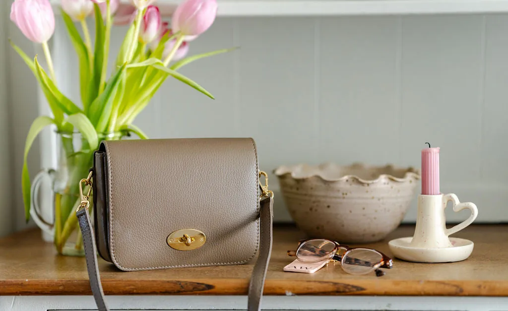 Taupe Leather Crossbody Lock Bag