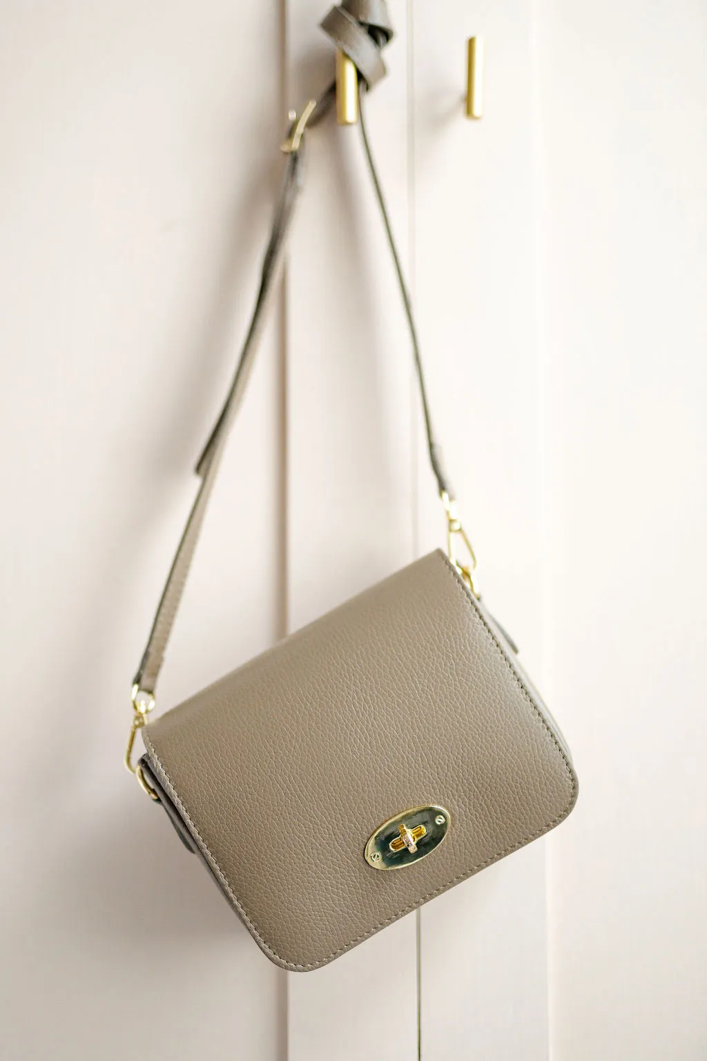 Taupe Leather Crossbody Lock Bag