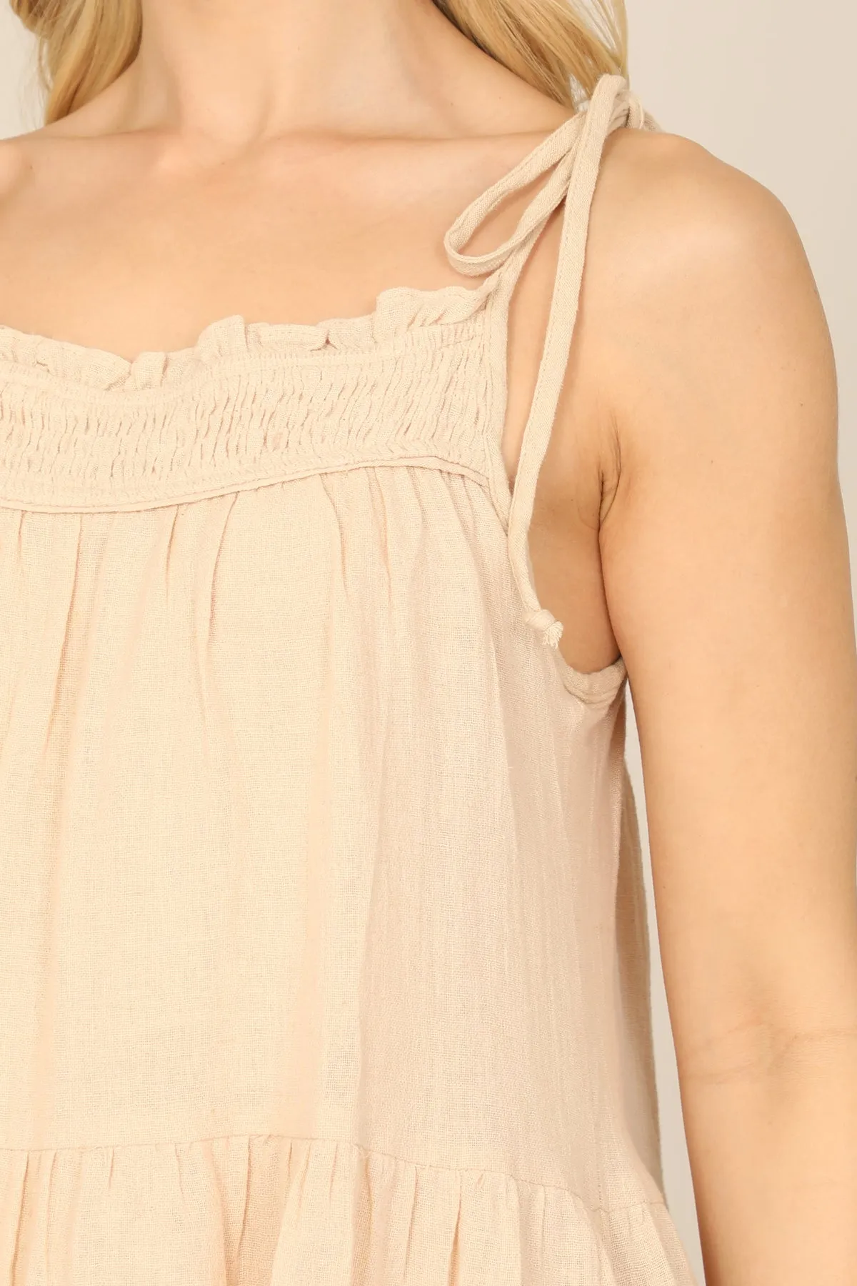 TIE STRAP SMOCKED RUFFLE NECK TIERED SOLID MINI DRESS
