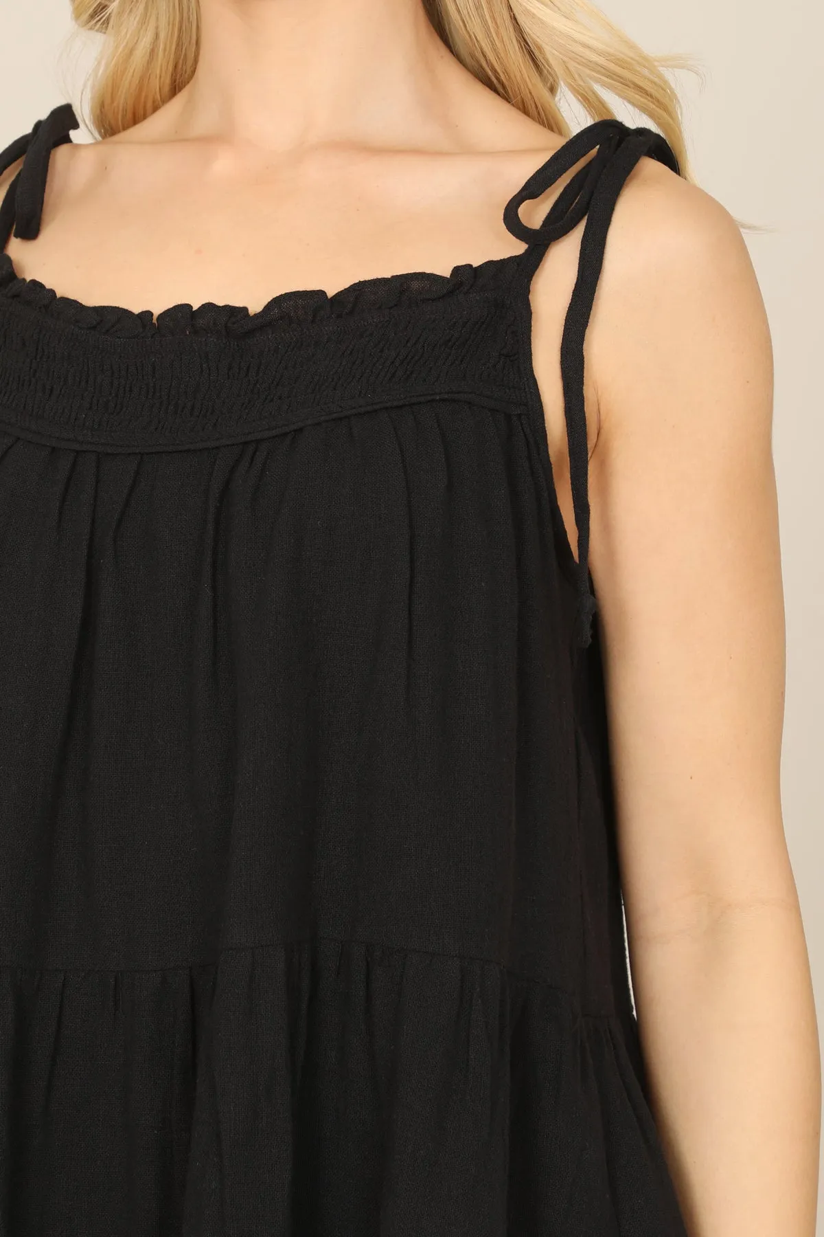 TIE STRAP SMOCKED RUFFLE NECK TIERED SOLID MINI DRESS