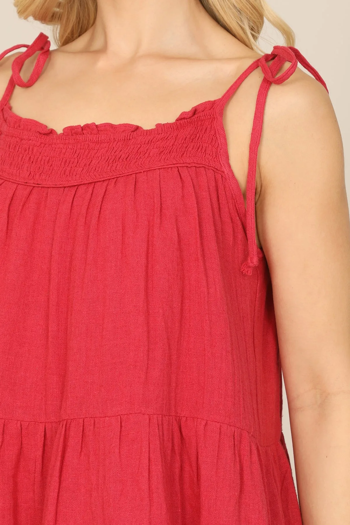 TIE STRAP SMOCKED RUFFLE NECK TIERED SOLID MINI DRESS