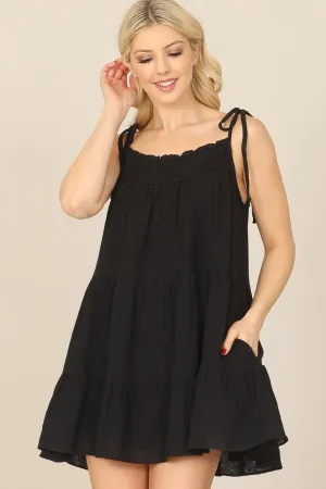 TIE STRAP SMOCKED RUFFLE NECK TIERED SOLID MINI DRESS