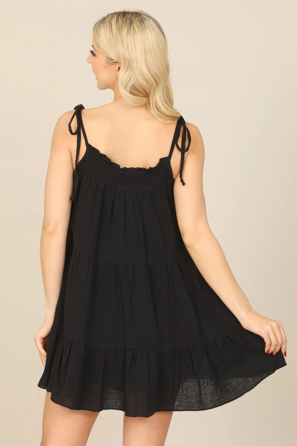 TIE STRAP SMOCKED RUFFLE NECK TIERED SOLID MINI DRESS