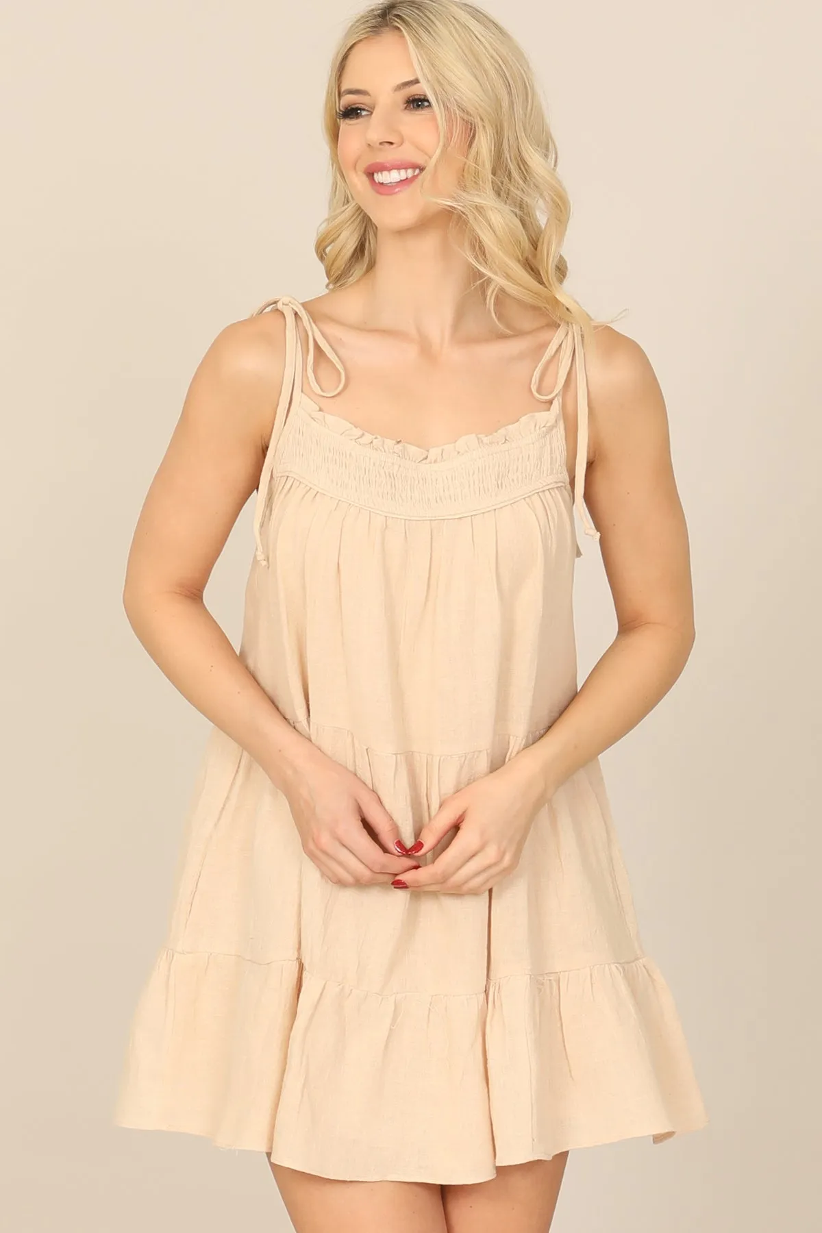 TIE STRAP SMOCKED RUFFLE NECK TIERED SOLID MINI DRESS
