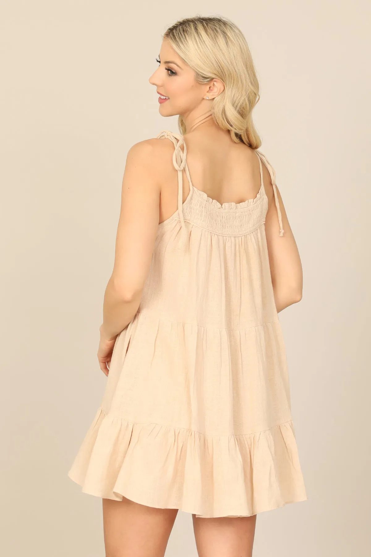 TIE STRAP SMOCKED RUFFLE NECK TIERED SOLID MINI DRESS