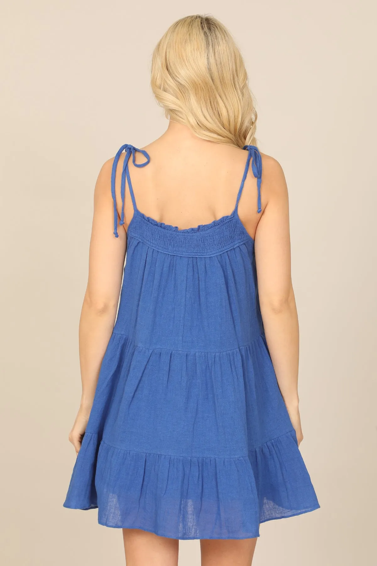 TIE STRAP SMOCKED RUFFLE NECK TIERED SOLID MINI DRESS