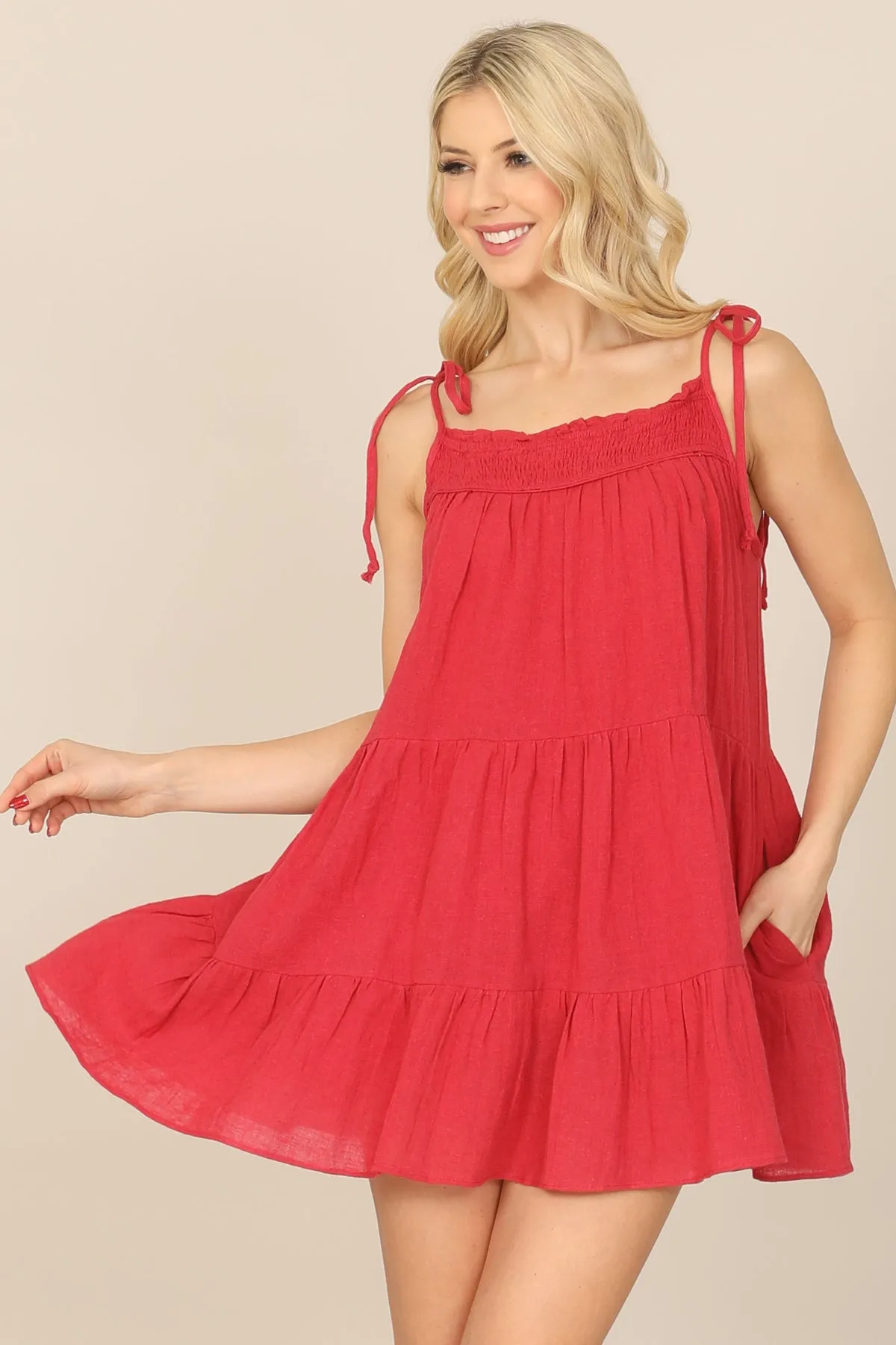TIE STRAP SMOCKED RUFFLE NECK TIERED SOLID MINI DRESS