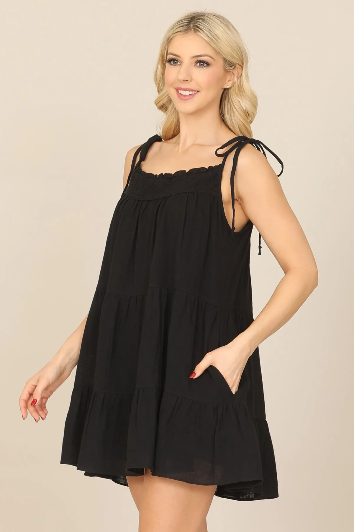 TIE STRAP SMOCKED RUFFLE NECK TIERED SOLID MINI DRESS